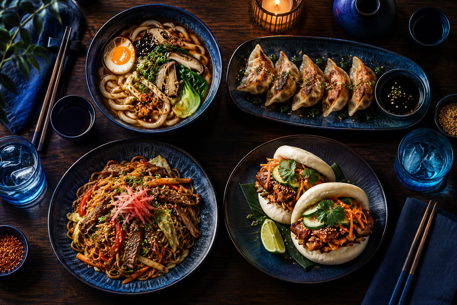 Top view of plated Asian dishes: udon, gyoza, yakisoba and bao