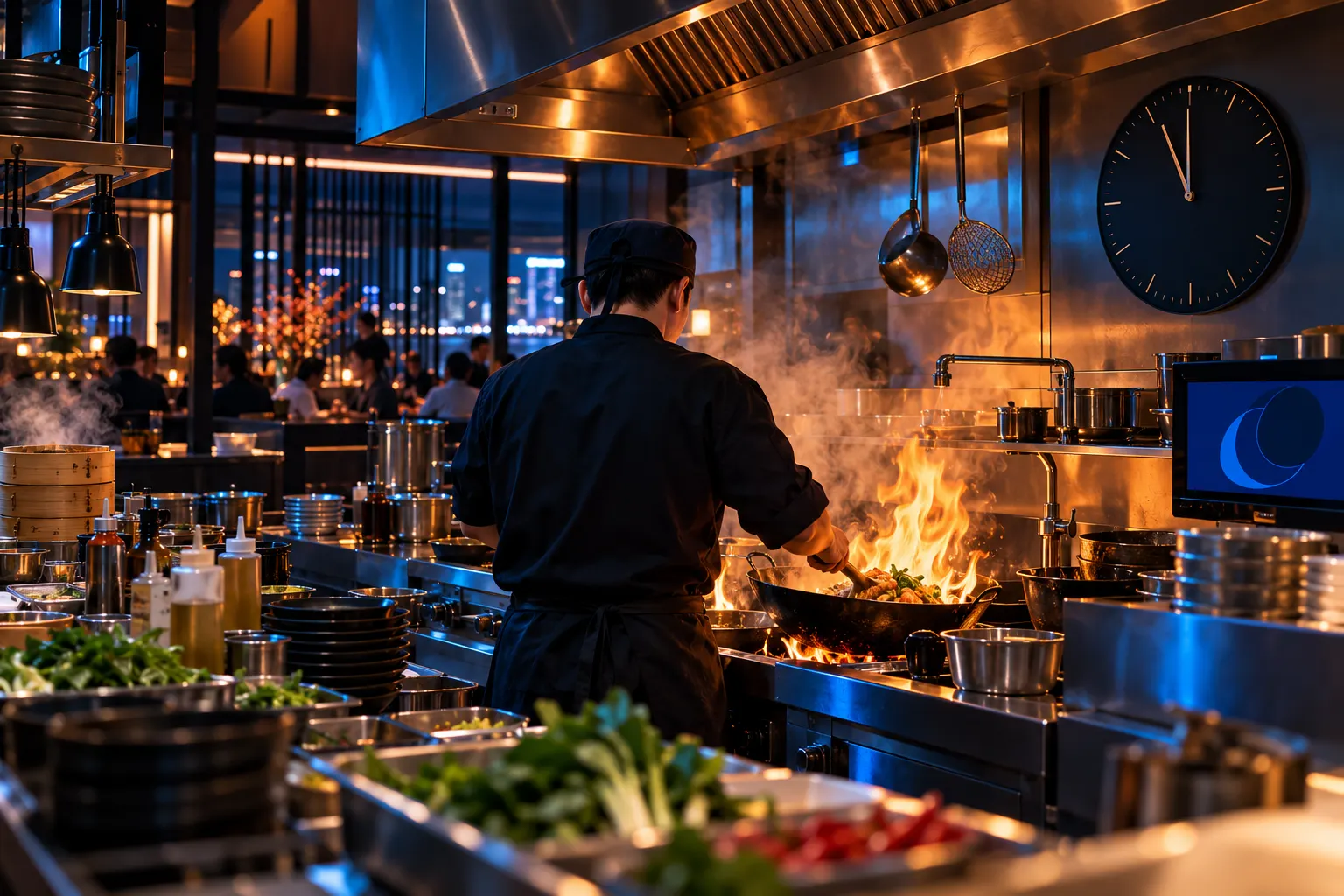 Open kitchen of an Asian restaurant during late service with the clock near midnight