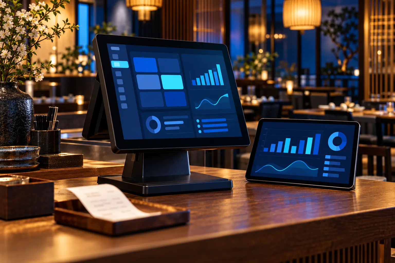 Point-of-sale terminal on a restaurant counter next to a tablet showing a dashboard